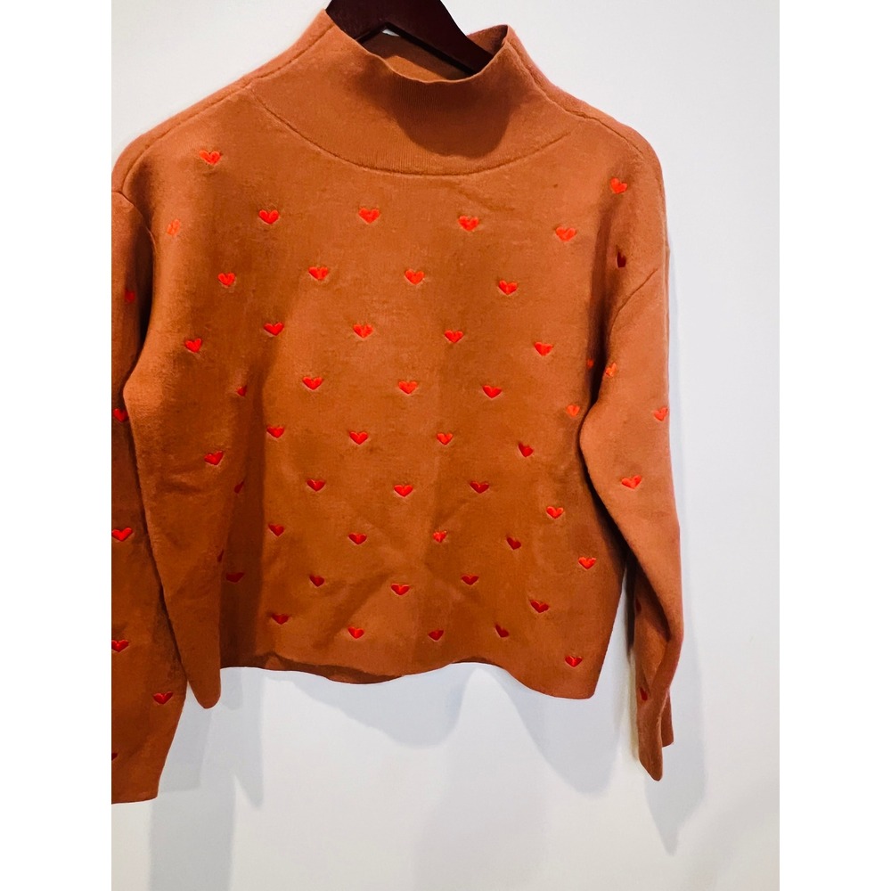 Maeve Anthropologie Heart Embroidered Mock Neck Sweater Rust Brown XXS
